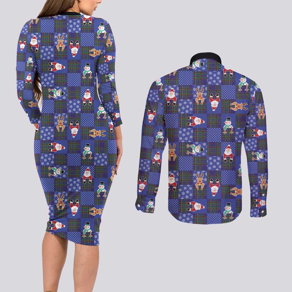 Christmas Patchwork Fake Tuxedo Couples Matching Long Sleeve Bodycon Dress and Long Sleeve Button Shirt Santa and Reindeer Blue Plaid Style - Wonder Print Shop