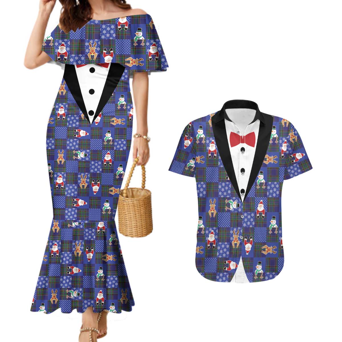 Christmas Patchwork Fake Tuxedo Couples Matching Mermaid Dress and Hawaiian Shirt Santa and Reindeer Blue Plaid Style - Wonder Print Shop