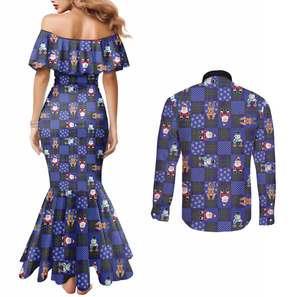 Christmas Patchwork Fake Tuxedo Couples Matching Mermaid Dress and Long Sleeve Button Shirt Santa and Reindeer Blue Plaid Style - Wonder Print Shop