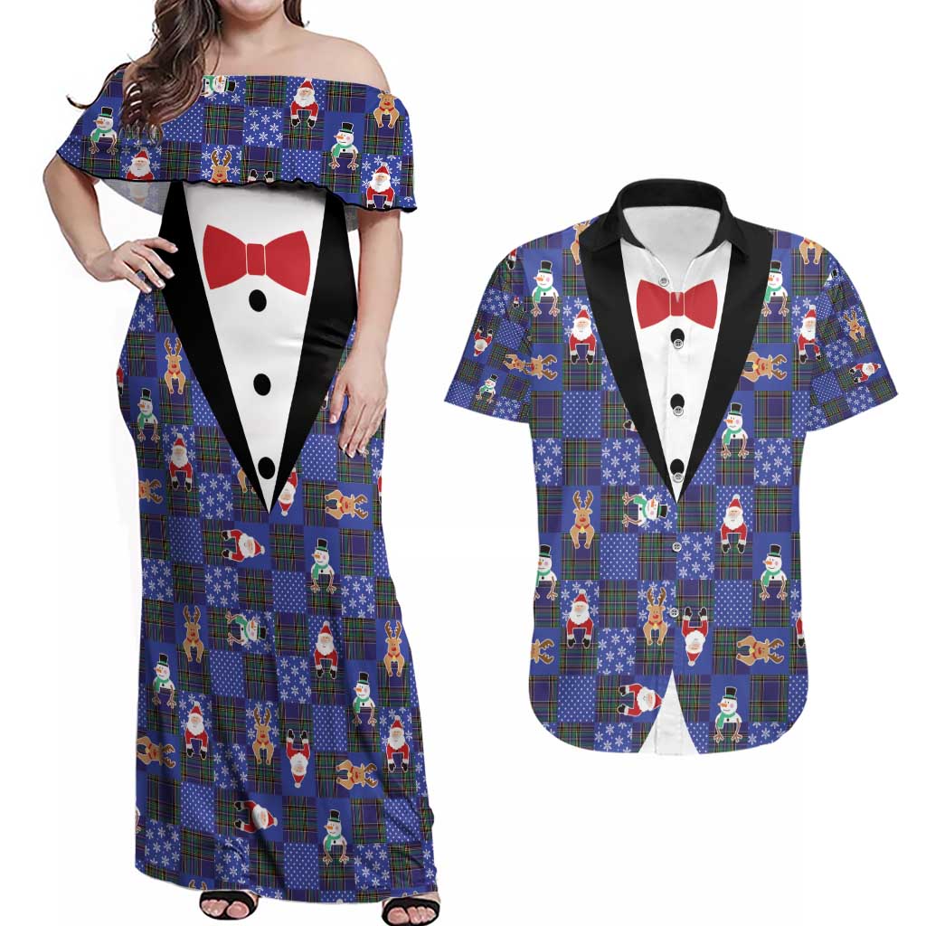 Christmas Patchwork Fake Tuxedo Couples Matching Off Shoulder Maxi Dress and Hawaiian Shirt Santa and Reindeer Blue Plaid Style - Wonder Print Shop