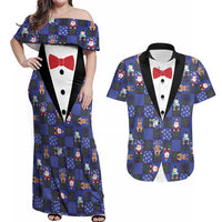 Christmas Patchwork Fake Tuxedo Couples Matching Off Shoulder Maxi Dress and Hawaiian Shirt Santa and Reindeer Blue Plaid Style - Wonder Print Shop