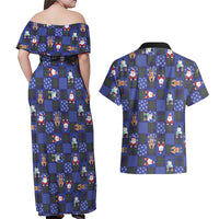 Christmas Patchwork Fake Tuxedo Couples Matching Off Shoulder Maxi Dress and Hawaiian Shirt Santa and Reindeer Blue Plaid Style - Wonder Print Shop