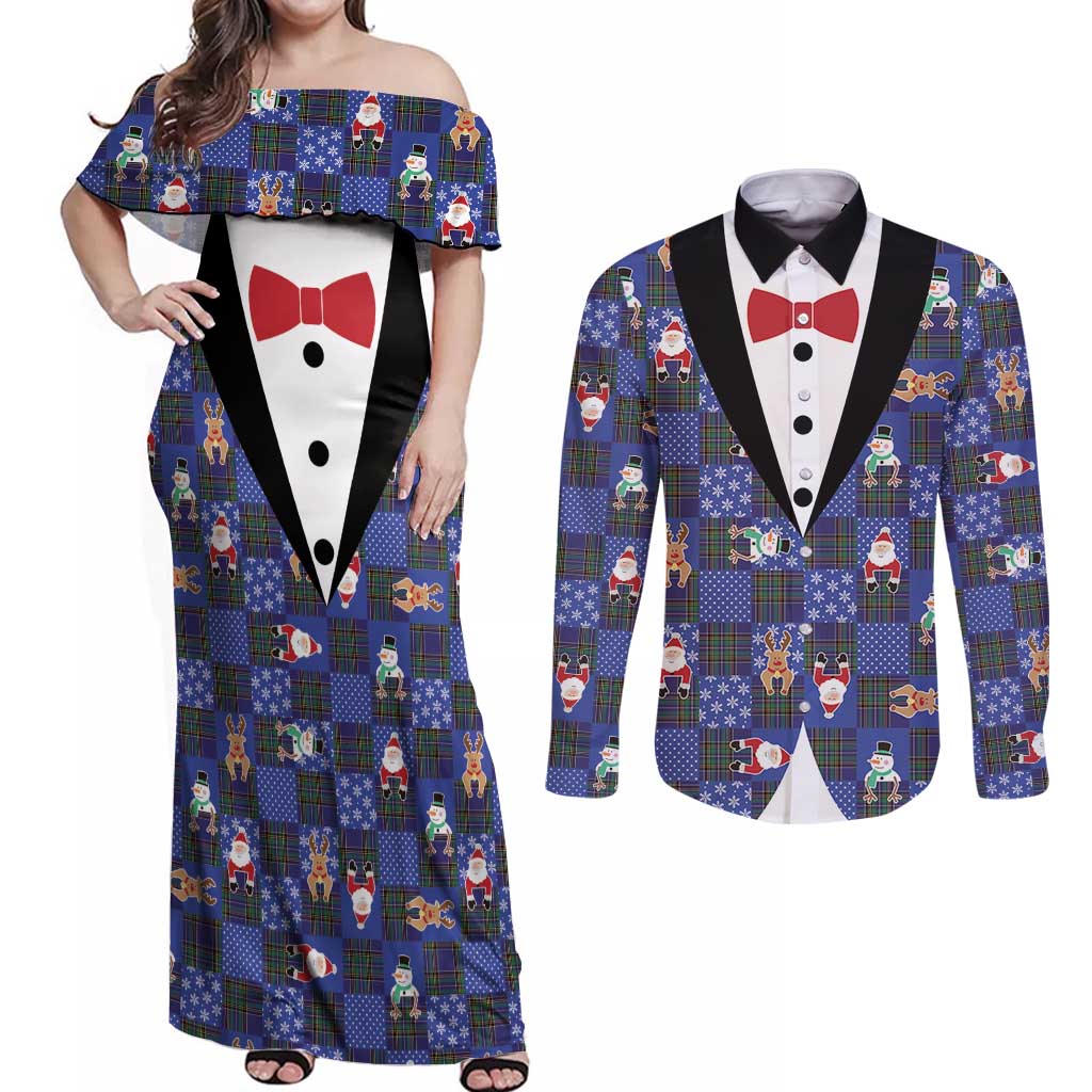 Christmas Patchwork Fake Tuxedo Couples Matching Off Shoulder Maxi Dress and Long Sleeve Button Shirt Santa and Reindeer Blue Plaid Style - Wonder Print Shop