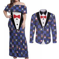 Christmas Patchwork Fake Tuxedo Couples Matching Off Shoulder Maxi Dress and Long Sleeve Button Shirt Santa and Reindeer Blue Plaid Style - Wonder Print Shop
