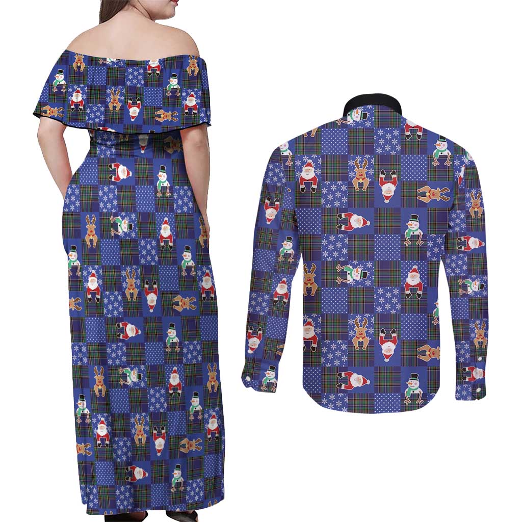 Christmas Patchwork Fake Tuxedo Couples Matching Off Shoulder Maxi Dress and Long Sleeve Button Shirt Santa and Reindeer Blue Plaid Style - Wonder Print Shop