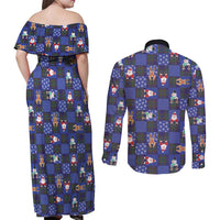 Christmas Patchwork Fake Tuxedo Couples Matching Off Shoulder Maxi Dress and Long Sleeve Button Shirt Santa and Reindeer Blue Plaid Style - Wonder Print Shop