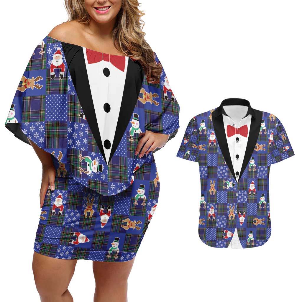 Christmas Patchwork Fake Tuxedo Couples Matching Off Shoulder Short Dress and Hawaiian Shirt Santa and Reindeer Blue Plaid Style - Wonder Print Shop