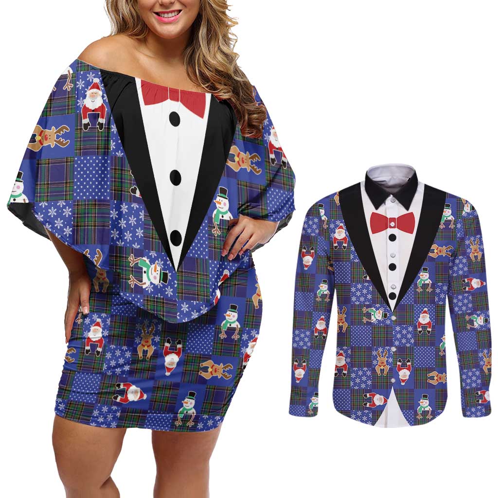Christmas Patchwork Fake Tuxedo Couples Matching Off Shoulder Short Dress and Long Sleeve Button Shirt Santa and Reindeer Blue Plaid Style - Wonder Print Shop