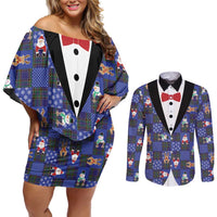 Christmas Patchwork Fake Tuxedo Couples Matching Off Shoulder Short Dress and Long Sleeve Button Shirt Santa and Reindeer Blue Plaid Style - Wonder Print Shop
