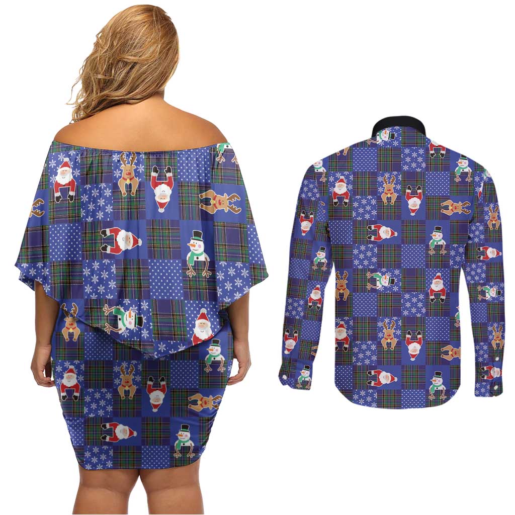 Christmas Patchwork Fake Tuxedo Couples Matching Off Shoulder Short Dress and Long Sleeve Button Shirt Santa and Reindeer Blue Plaid Style - Wonder Print Shop