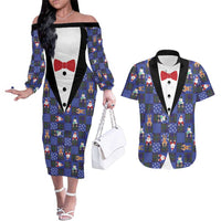Christmas Patchwork Fake Tuxedo Couples Matching Off The Shoulder Long Sleeve Dress and Hawaiian Shirt Santa and Reindeer Blue Plaid Style - Wonder Print Shop
