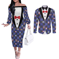 Christmas Patchwork Fake Tuxedo Couples Matching Off The Shoulder Long Sleeve Dress and Long Sleeve Button Shirt Santa and Reindeer Blue Plaid Style - Wonder Print Shop