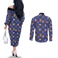 Christmas Patchwork Fake Tuxedo Couples Matching Off The Shoulder Long Sleeve Dress and Long Sleeve Button Shirt Santa and Reindeer Blue Plaid Style - Wonder Print Shop