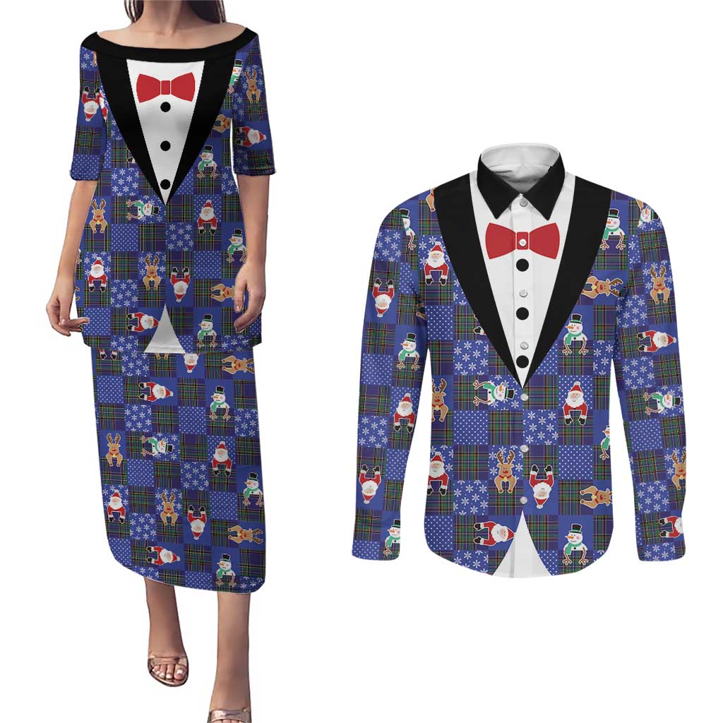 Christmas Patchwork Fake Tuxedo Couples Matching Puletasi and Long Sleeve Button Shirt Santa and Reindeer Blue Plaid Style - Wonder Print Shop