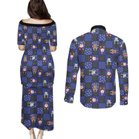 Christmas Patchwork Fake Tuxedo Couples Matching Puletasi and Long Sleeve Button Shirt Santa and Reindeer Blue Plaid Style - Wonder Print Shop
