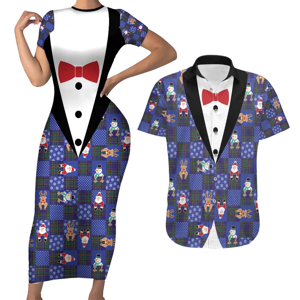 Christmas Patchwork Fake Tuxedo Couples Matching Short Sleeve Bodycon Dress and Hawaiian Shirt Santa and Reindeer Blue Plaid Style - Wonder Print Shop