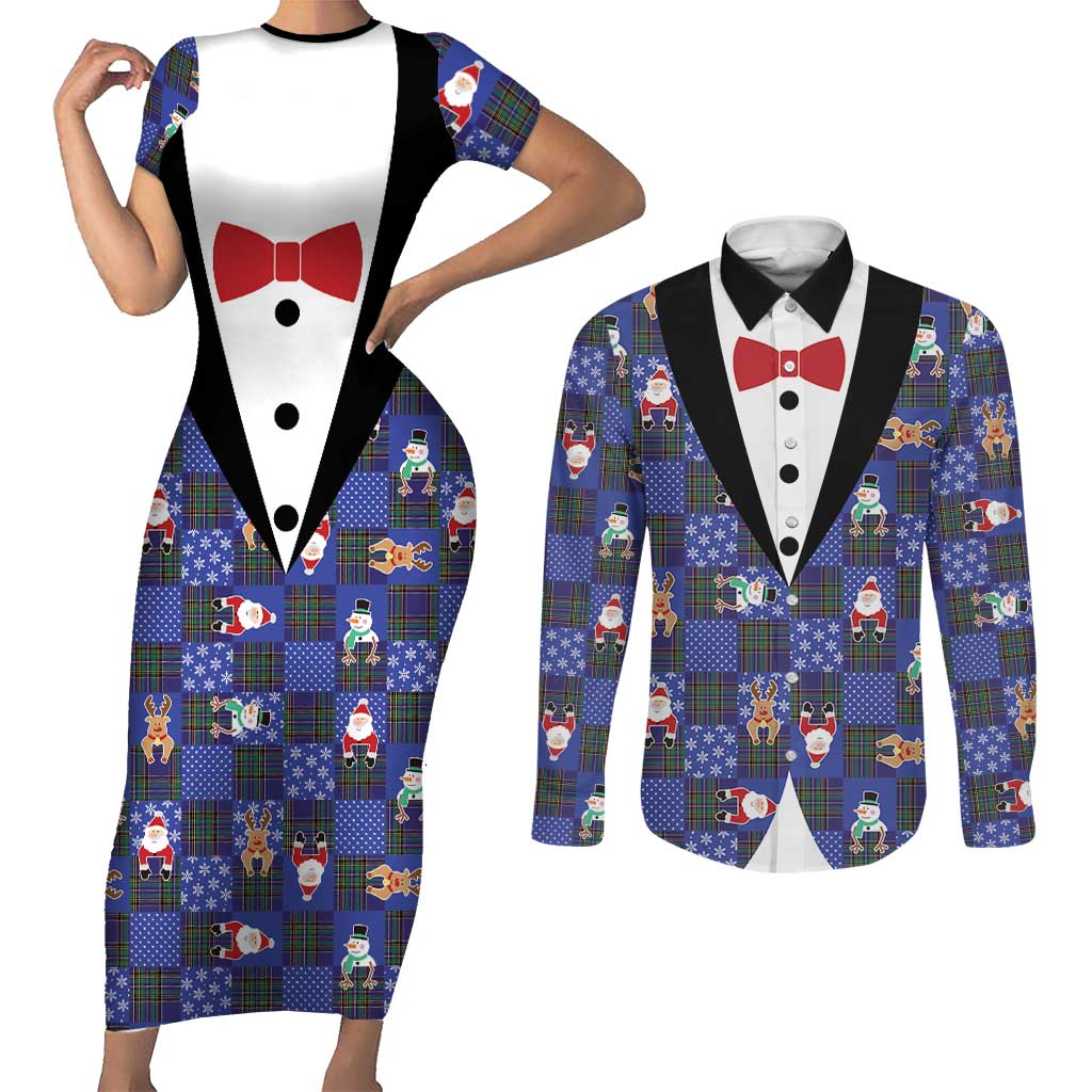 Christmas Patchwork Fake Tuxedo Couples Matching Short Sleeve Bodycon Dress and Long Sleeve Button Shirt Santa and Reindeer Blue Plaid Style - Wonder Print Shop