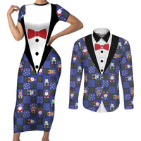 Christmas Patchwork Fake Tuxedo Couples Matching Short Sleeve Bodycon Dress and Long Sleeve Button Shirt Santa and Reindeer Blue Plaid Style - Wonder Print Shop