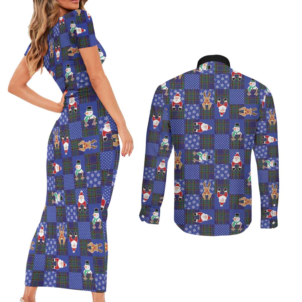 Christmas Patchwork Fake Tuxedo Couples Matching Short Sleeve Bodycon Dress and Long Sleeve Button Shirt Santa and Reindeer Blue Plaid Style - Wonder Print Shop