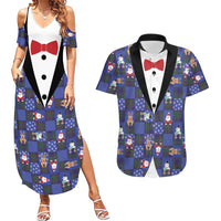 Christmas Patchwork Fake Tuxedo Couples Matching Summer Maxi Dress and Hawaiian Shirt Santa and Reindeer Blue Plaid Style - Wonder Print Shop