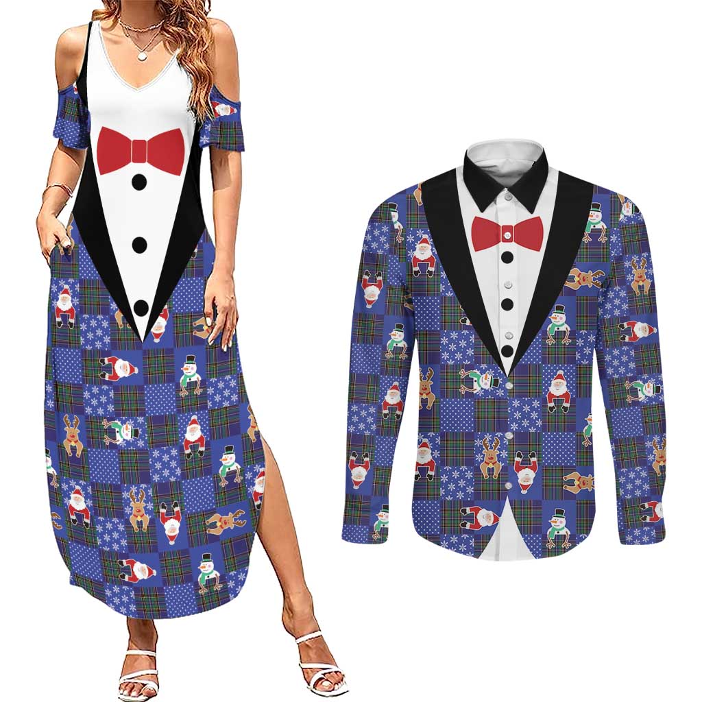 Christmas Patchwork Fake Tuxedo Couples Matching Summer Maxi Dress and Long Sleeve Button Shirt Santa and Reindeer Blue Plaid Style - Wonder Print Shop