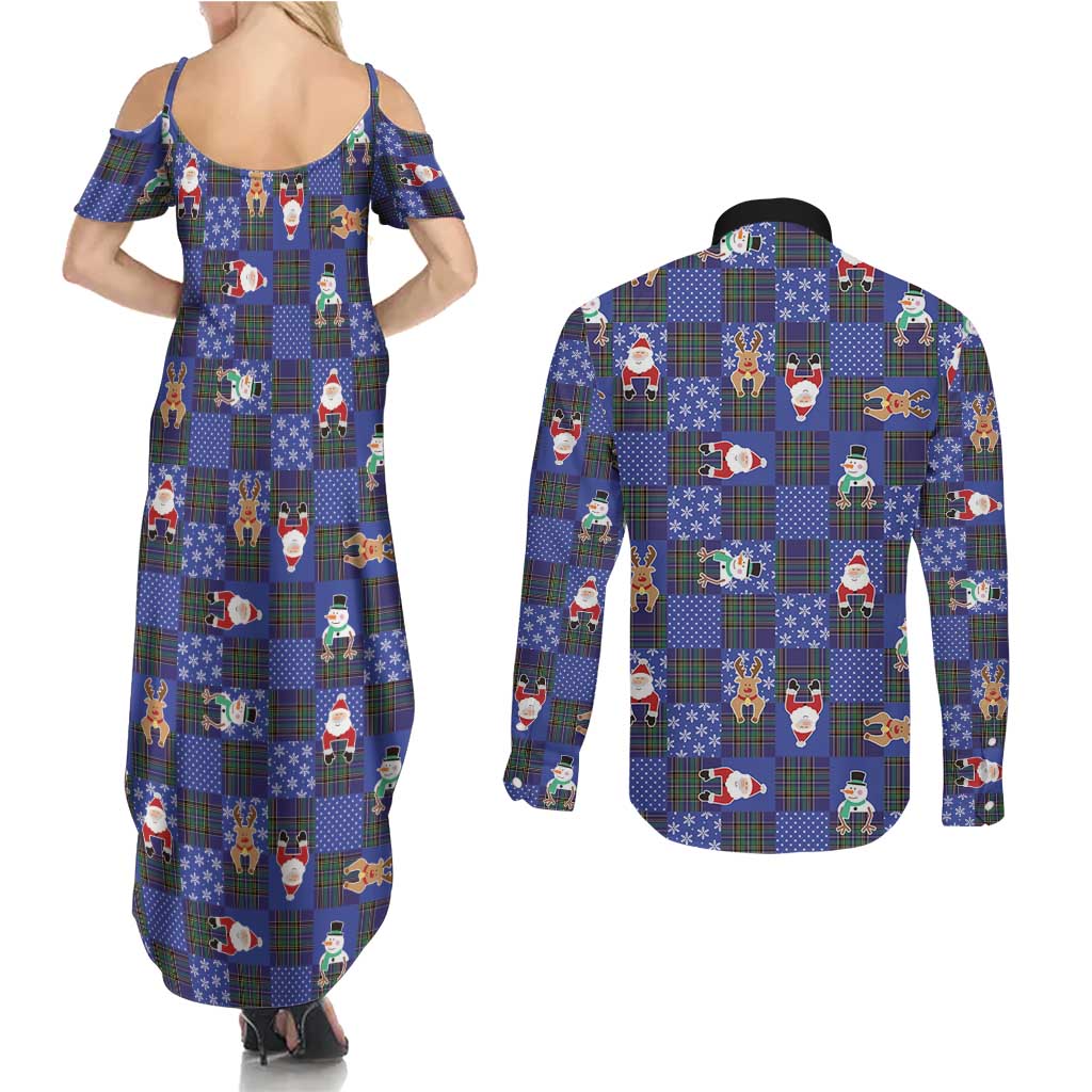 Christmas Patchwork Fake Tuxedo Couples Matching Summer Maxi Dress and Long Sleeve Button Shirt Santa and Reindeer Blue Plaid Style - Wonder Print Shop