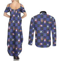 Christmas Patchwork Fake Tuxedo Couples Matching Summer Maxi Dress and Long Sleeve Button Shirt Santa and Reindeer Blue Plaid Style - Wonder Print Shop