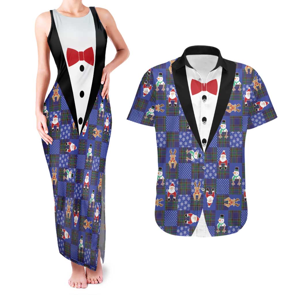 Christmas Patchwork Fake Tuxedo Couples Matching Tank Maxi Dress and Hawaiian Shirt Santa and Reindeer Blue Plaid Style - Wonder Print Shop