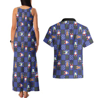 Christmas Patchwork Fake Tuxedo Couples Matching Tank Maxi Dress and Hawaiian Shirt Santa and Reindeer Blue Plaid Style - Wonder Print Shop