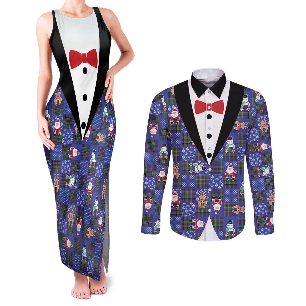 Christmas Patchwork Fake Tuxedo Couples Matching Tank Maxi Dress and Long Sleeve Button Shirt Santa and Reindeer Blue Plaid Style - Wonder Print Shop