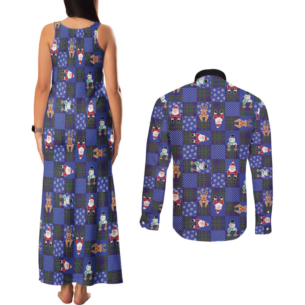Christmas Patchwork Fake Tuxedo Couples Matching Tank Maxi Dress and Long Sleeve Button Shirt Santa and Reindeer Blue Plaid Style - Wonder Print Shop