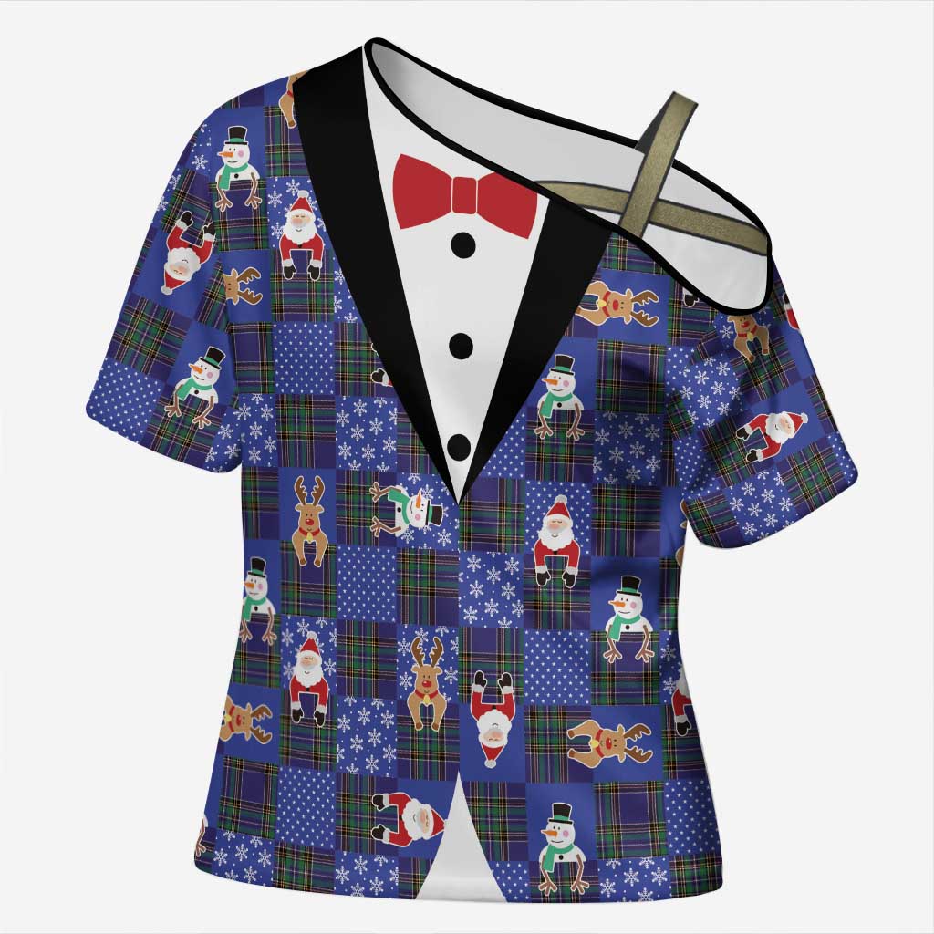 Christmas Patchwork Fake Tuxedo Cross Shoulder Shirt Santa and Reindeer Blue Plaid Style - Wonder Print Shop