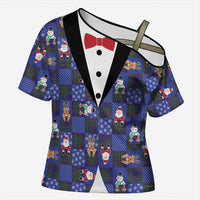 Christmas Patchwork Fake Tuxedo Cross Shoulder Shirt Santa and Reindeer Blue Plaid Style - Wonder Print Shop