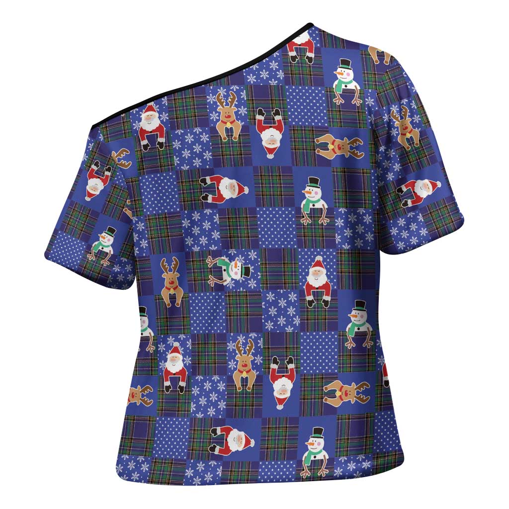 Christmas Patchwork Fake Tuxedo Cross Shoulder Shirt Santa and Reindeer Blue Plaid Style - Wonder Print Shop