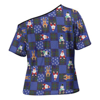 Christmas Patchwork Fake Tuxedo Cross Shoulder Shirt Santa and Reindeer Blue Plaid Style - Wonder Print Shop