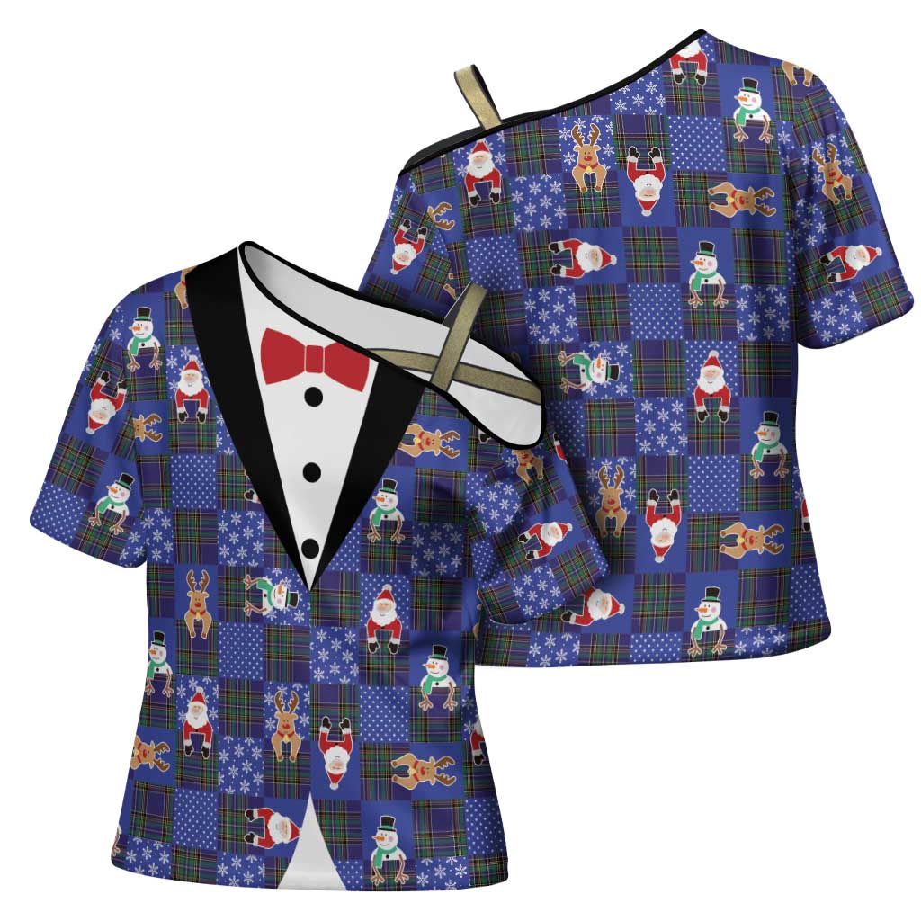 Christmas Patchwork Fake Tuxedo Cross Shoulder Shirt Santa and Reindeer Blue Plaid Style - Wonder Print Shop