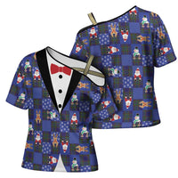 Christmas Patchwork Fake Tuxedo Cross Shoulder Shirt Santa and Reindeer Blue Plaid Style - Wonder Print Shop