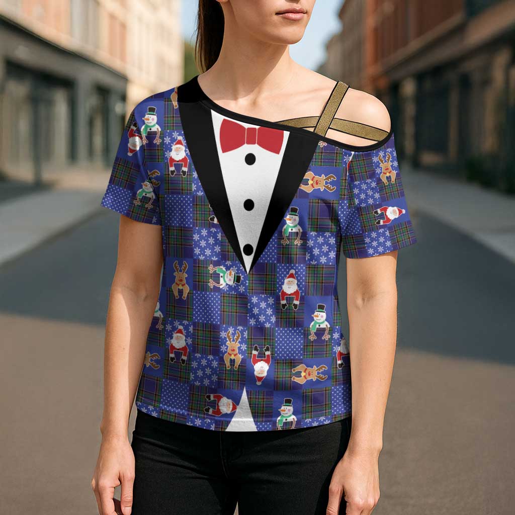 Christmas Patchwork Fake Tuxedo Cross Shoulder Shirt Santa and Reindeer Blue Plaid Style - Wonder Print Shop