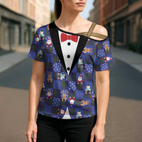 Christmas Patchwork Fake Tuxedo Cross Shoulder Shirt Santa and Reindeer Blue Plaid Style - Wonder Print Shop