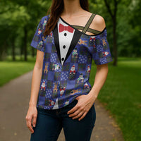 Christmas Patchwork Fake Tuxedo Cross Shoulder Shirt Santa and Reindeer Blue Plaid Style - Wonder Print Shop