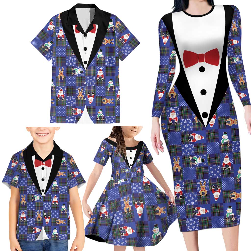 Christmas Patchwork Fake Tuxedo Family Matching Long Sleeve Bodycon Dress and Hawaiian Shirt Santa and Reindeer Blue Plaid Style - Wonder Print Shop
