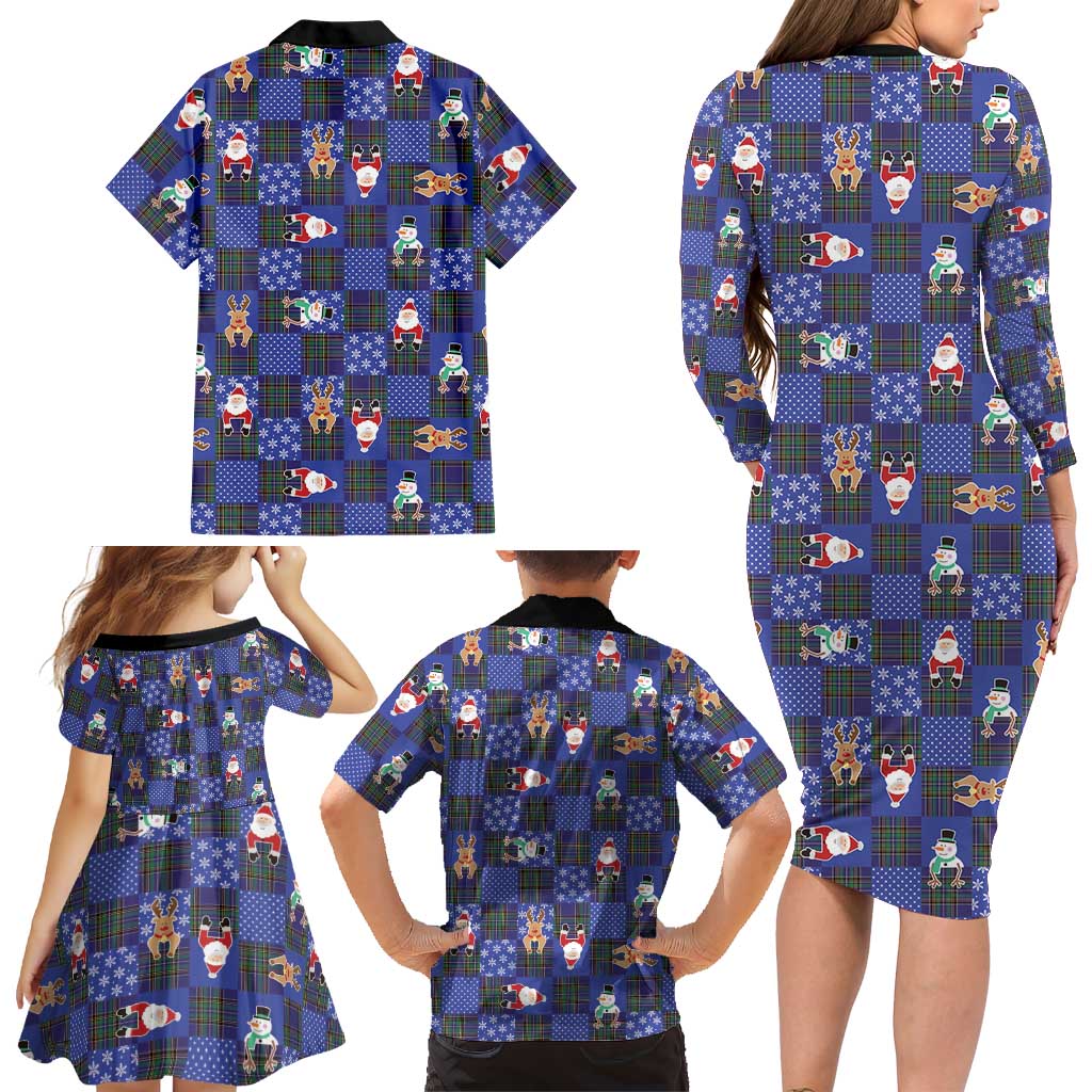 Christmas Patchwork Fake Tuxedo Family Matching Long Sleeve Bodycon Dress and Hawaiian Shirt Santa and Reindeer Blue Plaid Style - Wonder Print Shop