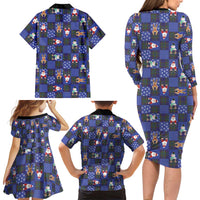 Christmas Patchwork Fake Tuxedo Family Matching Long Sleeve Bodycon Dress and Hawaiian Shirt Santa and Reindeer Blue Plaid Style - Wonder Print Shop
