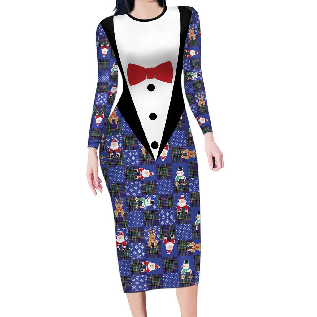 Christmas Patchwork Fake Tuxedo Family Matching Long Sleeve Bodycon Dress and Hawaiian Shirt Santa and Reindeer Blue Plaid Style - Wonder Print Shop