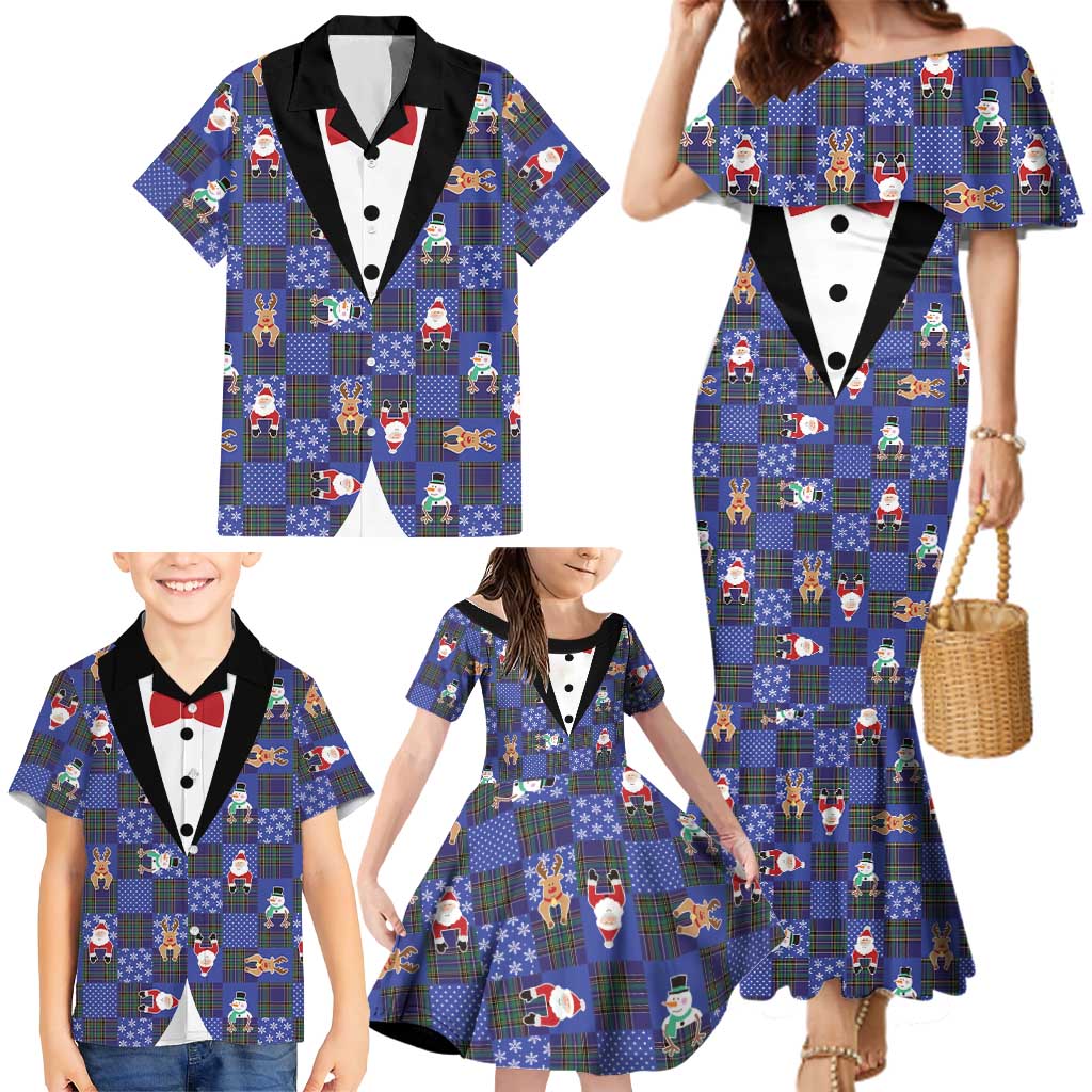 Christmas Patchwork Fake Tuxedo Family Matching Mermaid Dress and Hawaiian Shirt Santa and Reindeer Blue Plaid Style - Wonder Print Shop
