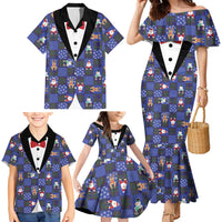 Christmas Patchwork Fake Tuxedo Family Matching Mermaid Dress and Hawaiian Shirt Santa and Reindeer Blue Plaid Style - Wonder Print Shop