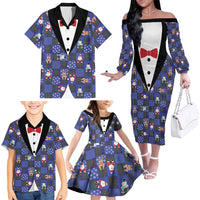 Christmas Patchwork Fake Tuxedo Family Matching Off The Shoulder Long Sleeve Dress and Hawaiian Shirt Santa and Reindeer Blue Plaid Style - Wonder Print Shop