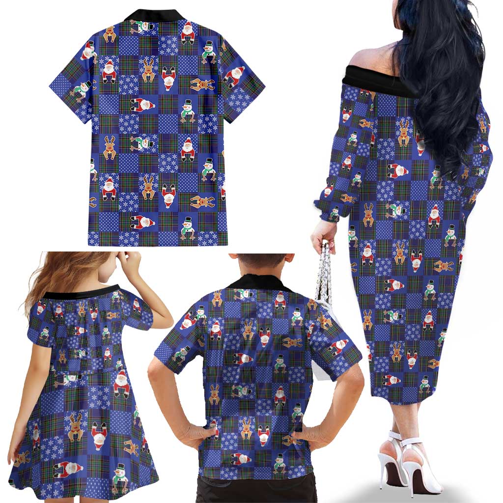 Christmas Patchwork Fake Tuxedo Family Matching Off The Shoulder Long Sleeve Dress and Hawaiian Shirt Santa and Reindeer Blue Plaid Style - Wonder Print Shop