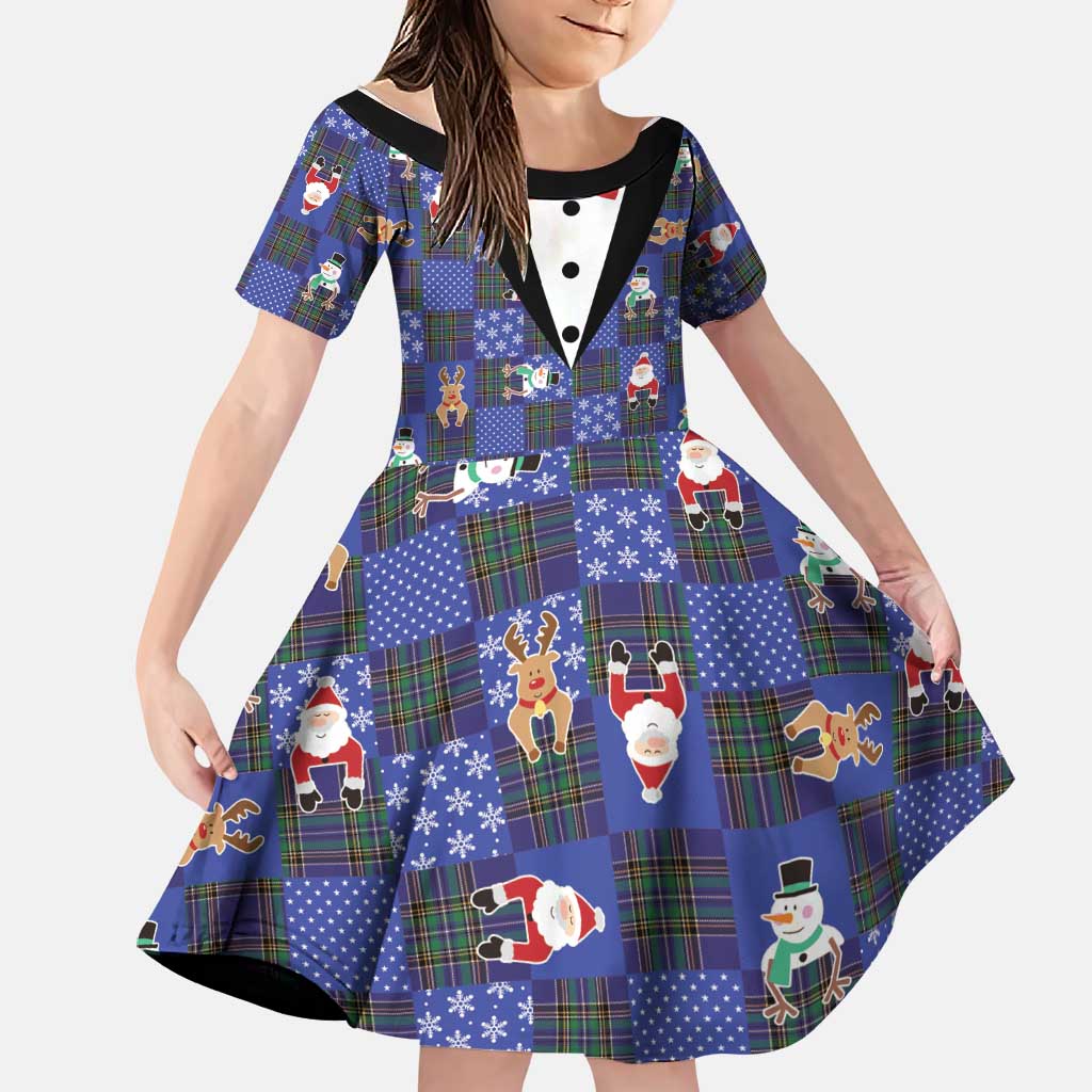 Christmas Patchwork Fake Tuxedo Family Matching Off Shoulder Maxi Dress and Hawaiian Shirt Santa and Reindeer Blue Plaid Style - Wonder Print Shop