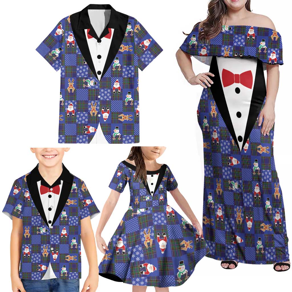 Christmas Patchwork Fake Tuxedo Family Matching Off Shoulder Maxi Dress and Hawaiian Shirt Santa and Reindeer Blue Plaid Style - Wonder Print Shop